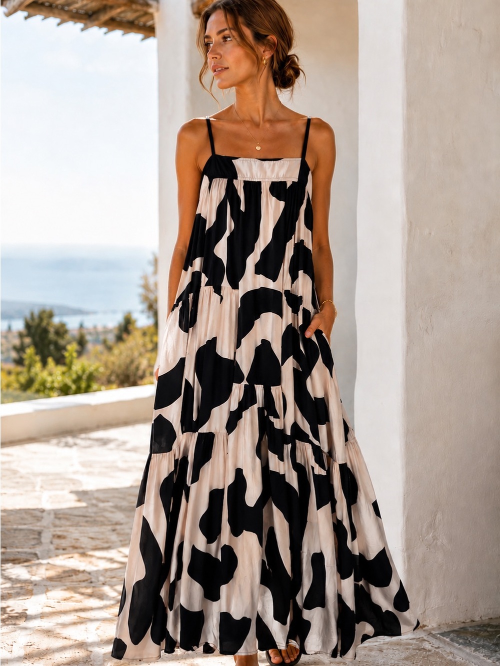 NWT Abel The Label Diego Geometric Tiered Maxi Dress S